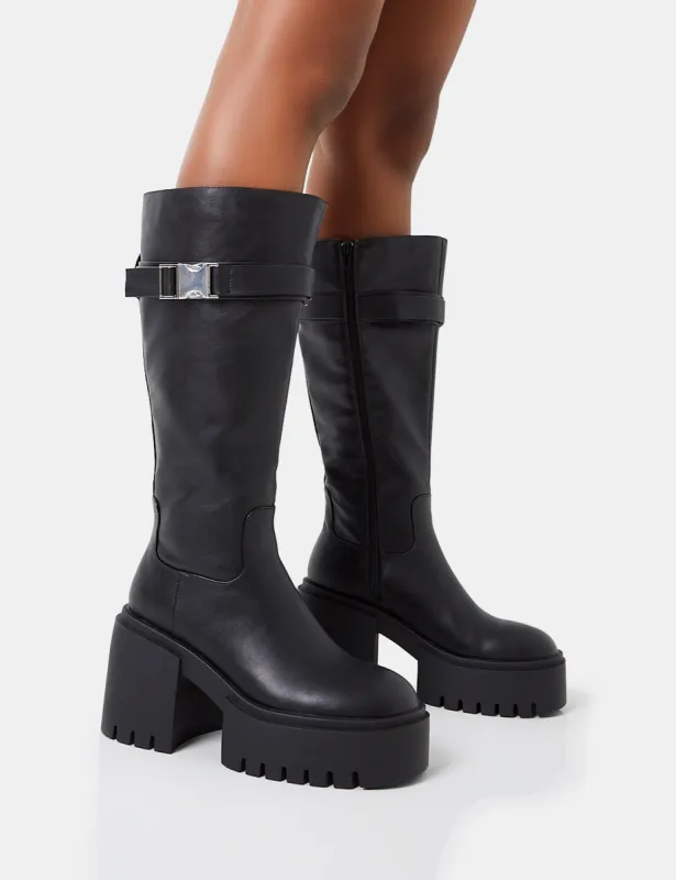 Alaska Black Calf Strap Buckle Knee High Chunky Sole Block Heel Boots sold by Public Desire
