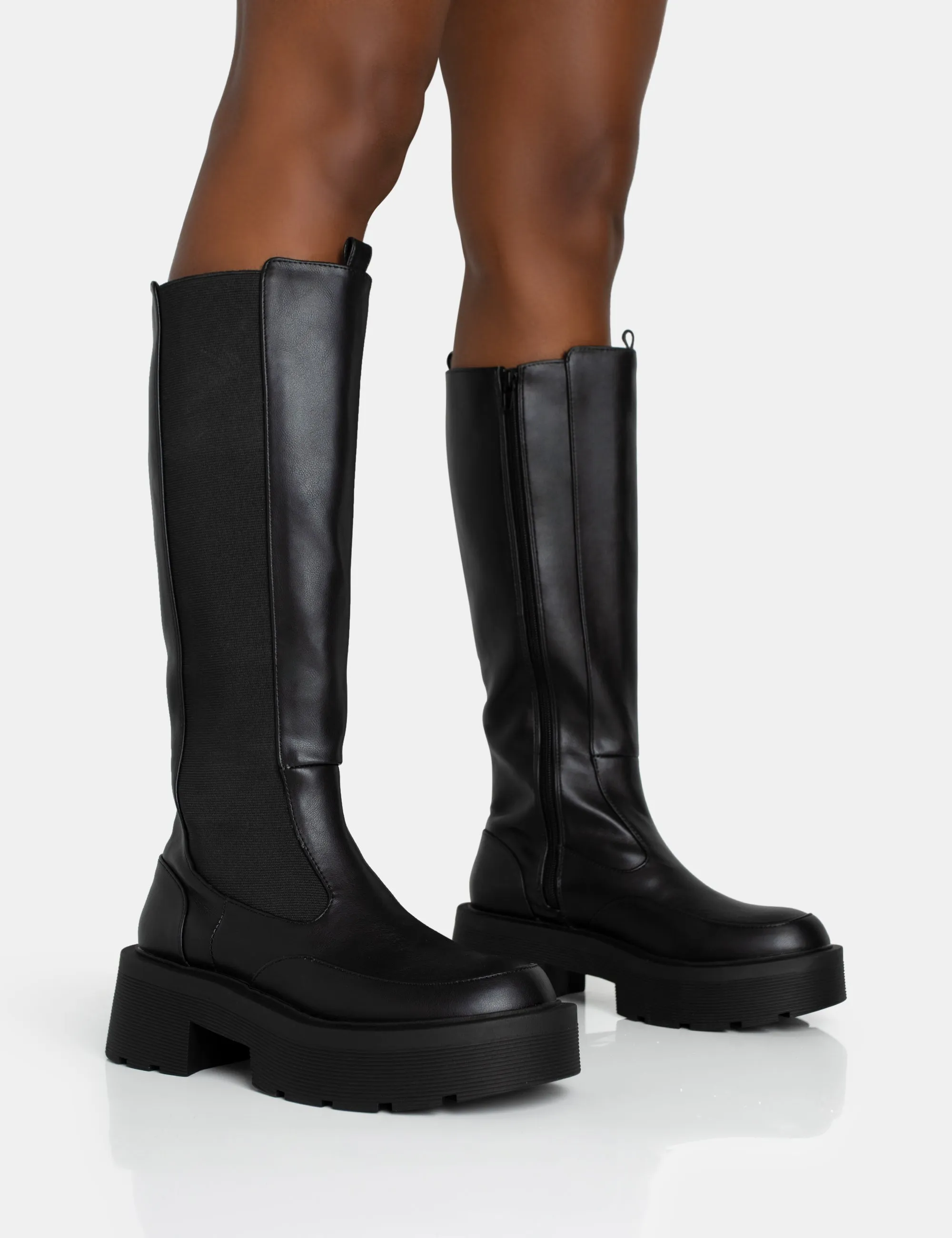 Evergreen Black Knee High Elasticated Detail Chunky Heeled Sole Boots sold by Public Desire