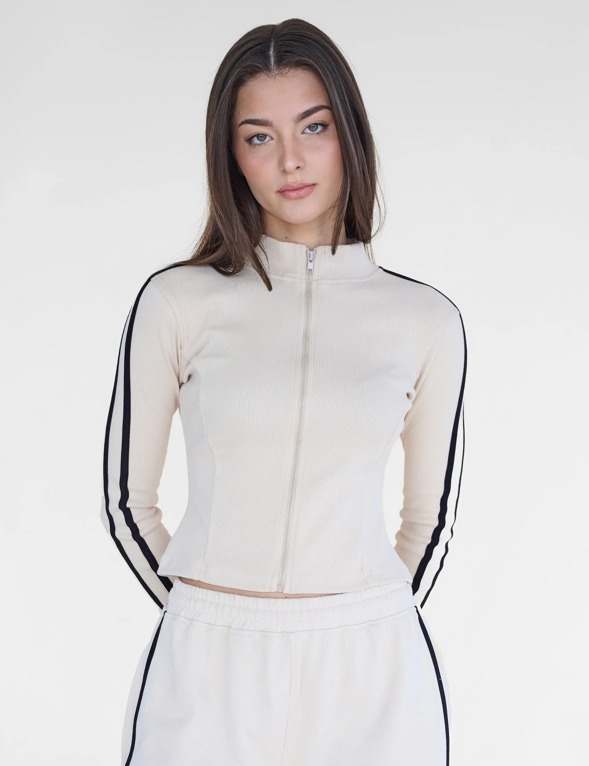 Kaiia Motocross Ribbed Zip Up Long Sleeve Top Stone & Black sold by Public Desire