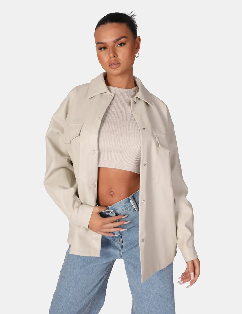 Vegan Leather Pocket Oversized Shacket Stone sold by Public Desire