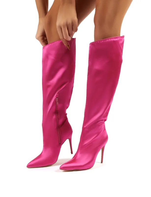 Thriller Hot Pink Satin Stiletto Heeled Knee High Boots sold by Public Desire