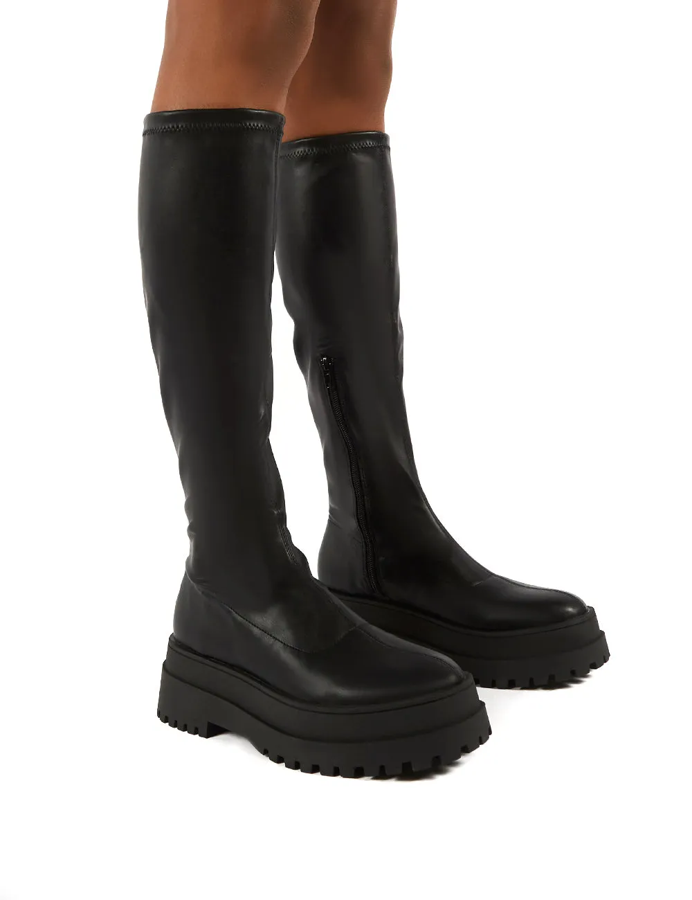 Haunt Black PU Knee High Chunky Sole Boots sold by Public Desire