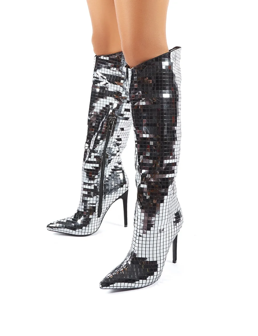 Thriller Tiled Silver MIrror Stiletto Heeled Knee High Boots sold by Public Desire product image thumbnail 4