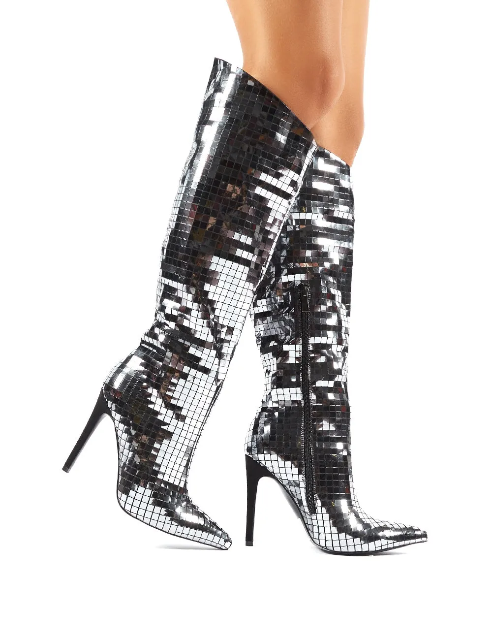 Thriller Tiled Silver MIrror Stiletto Heeled Knee High Boots sold by Public Desire