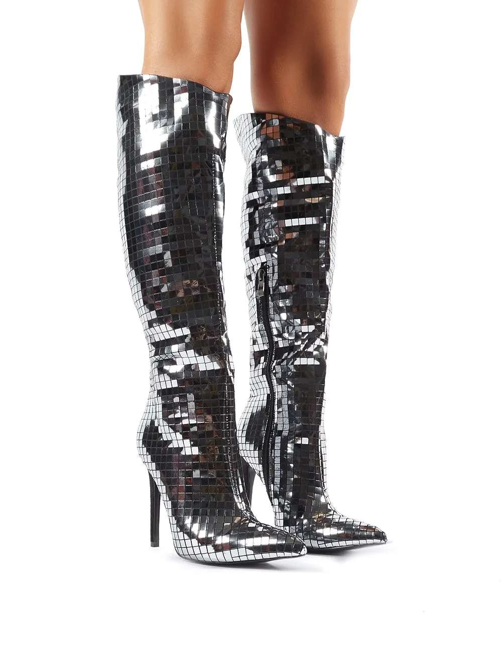 Thriller Tiled Silver MIrror Stiletto Heeled Knee High Boots sold by Public Desire product image thumbnail 2