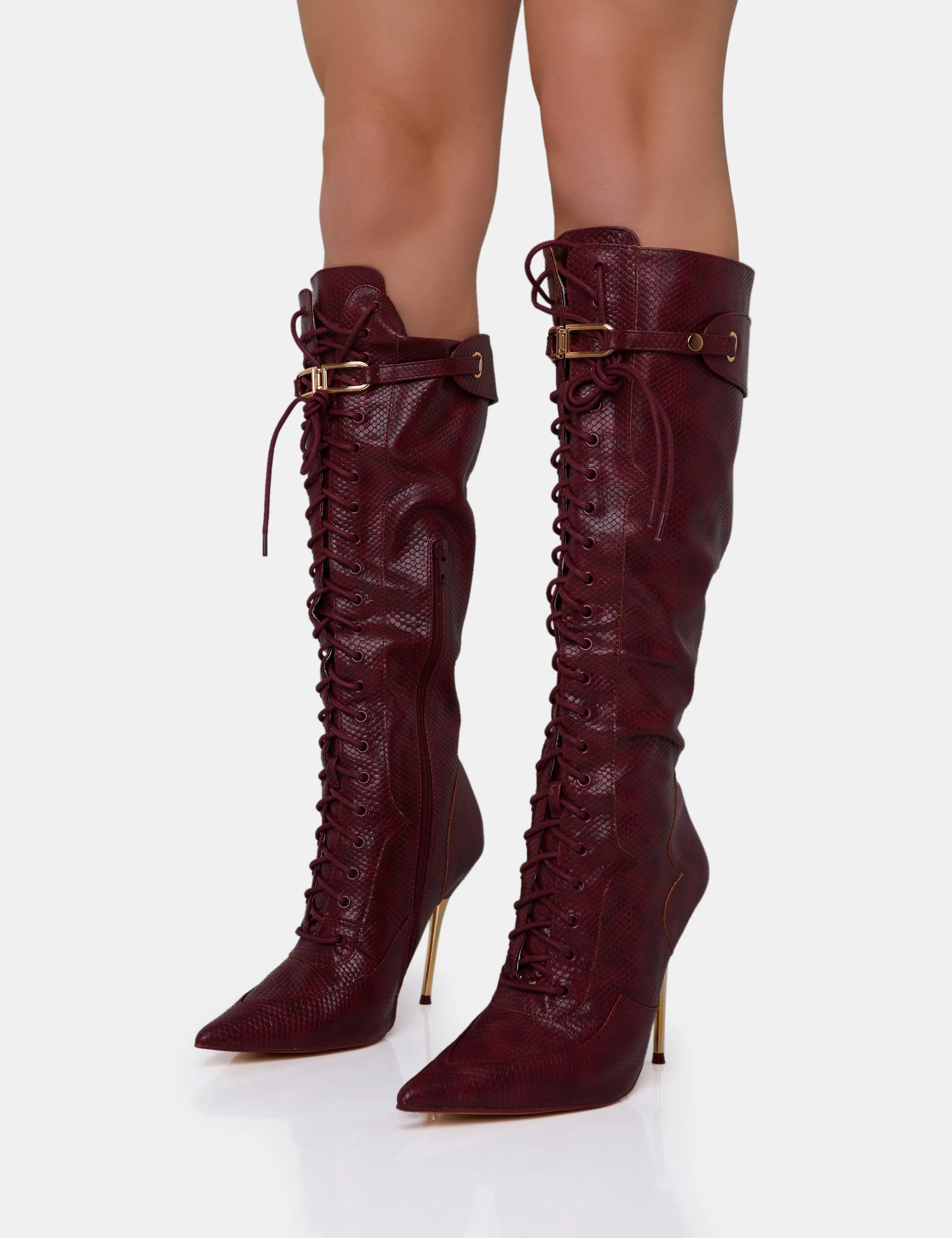 Infatuated Burgundy Croc Lace Up Gold Stiletto Knee High Boots sold by Public Desire product image thumbnail 3