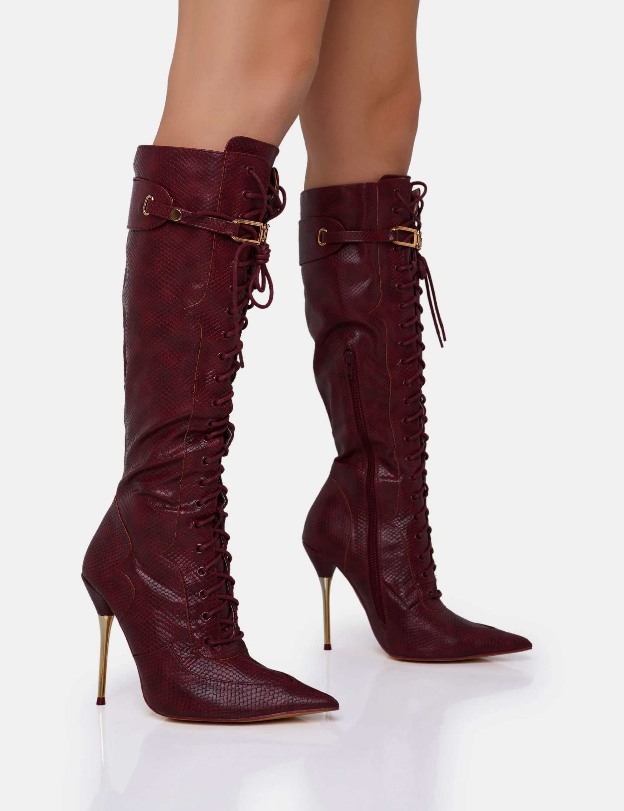 Infatuated Burgundy Croc Lace Up Gold Stiletto Knee High Boots sold by Public Desire