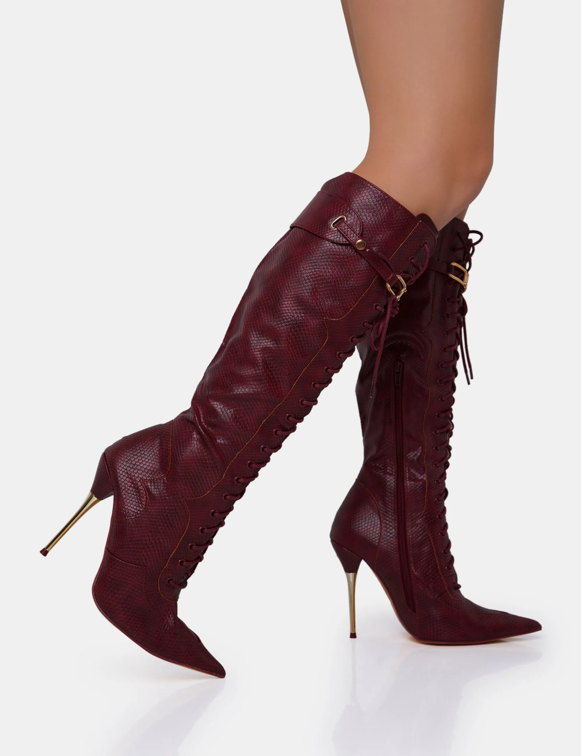 Infatuated Burgundy Croc Lace Up Gold Stiletto Knee High Boots sold by Public Desire product image thumbnail 2