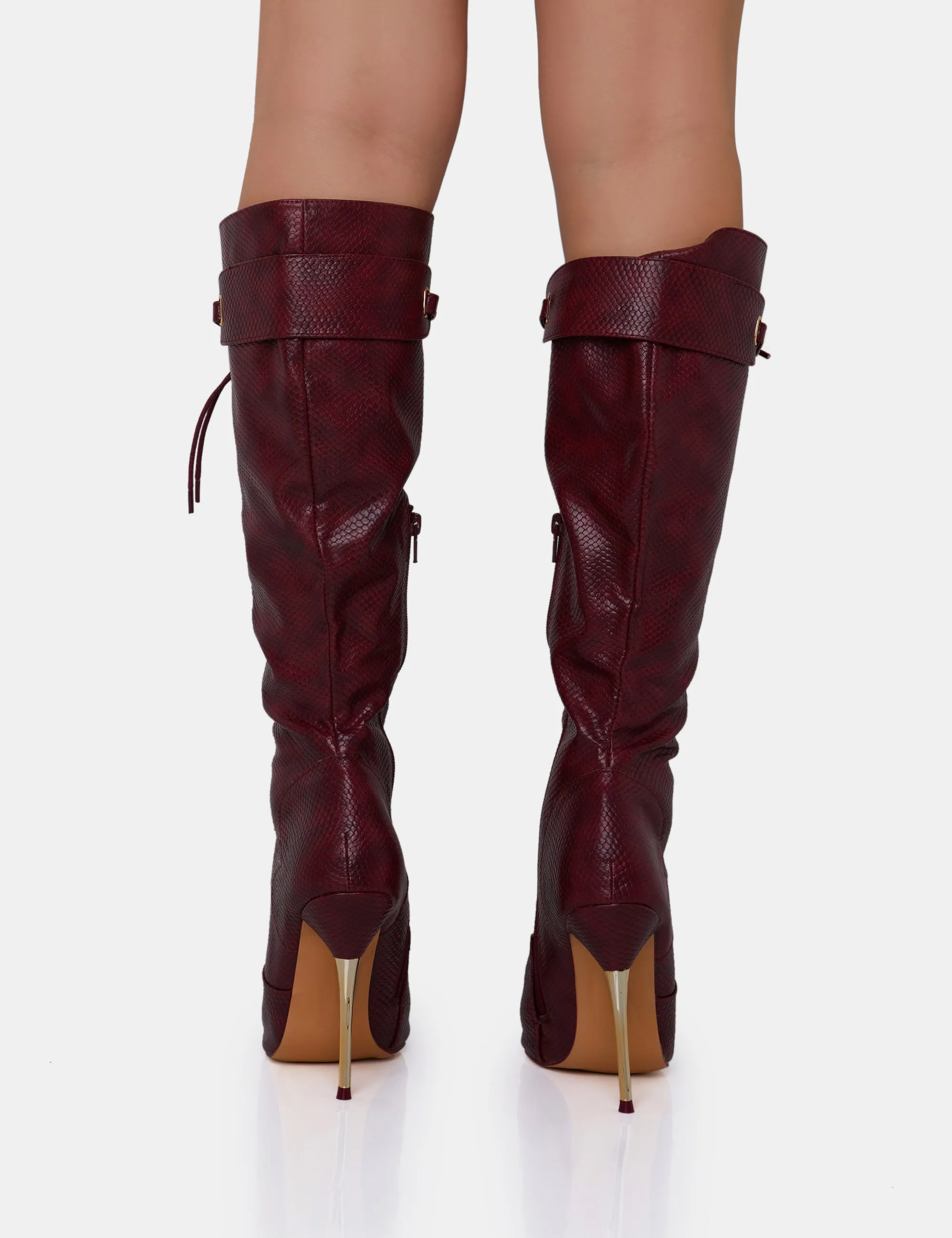 Infatuated Burgundy Croc Lace Up Gold Stiletto Knee High Boots sold by Public Desire product image thumbnail 4