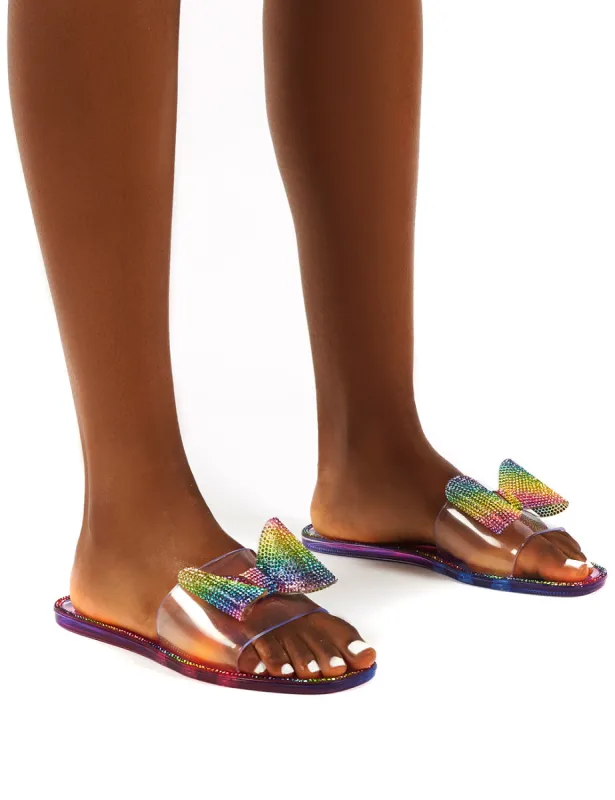 Bobbie Rainbow Multi Perspex Diamante Detail Bow Flat Sandals sold by Public Desire