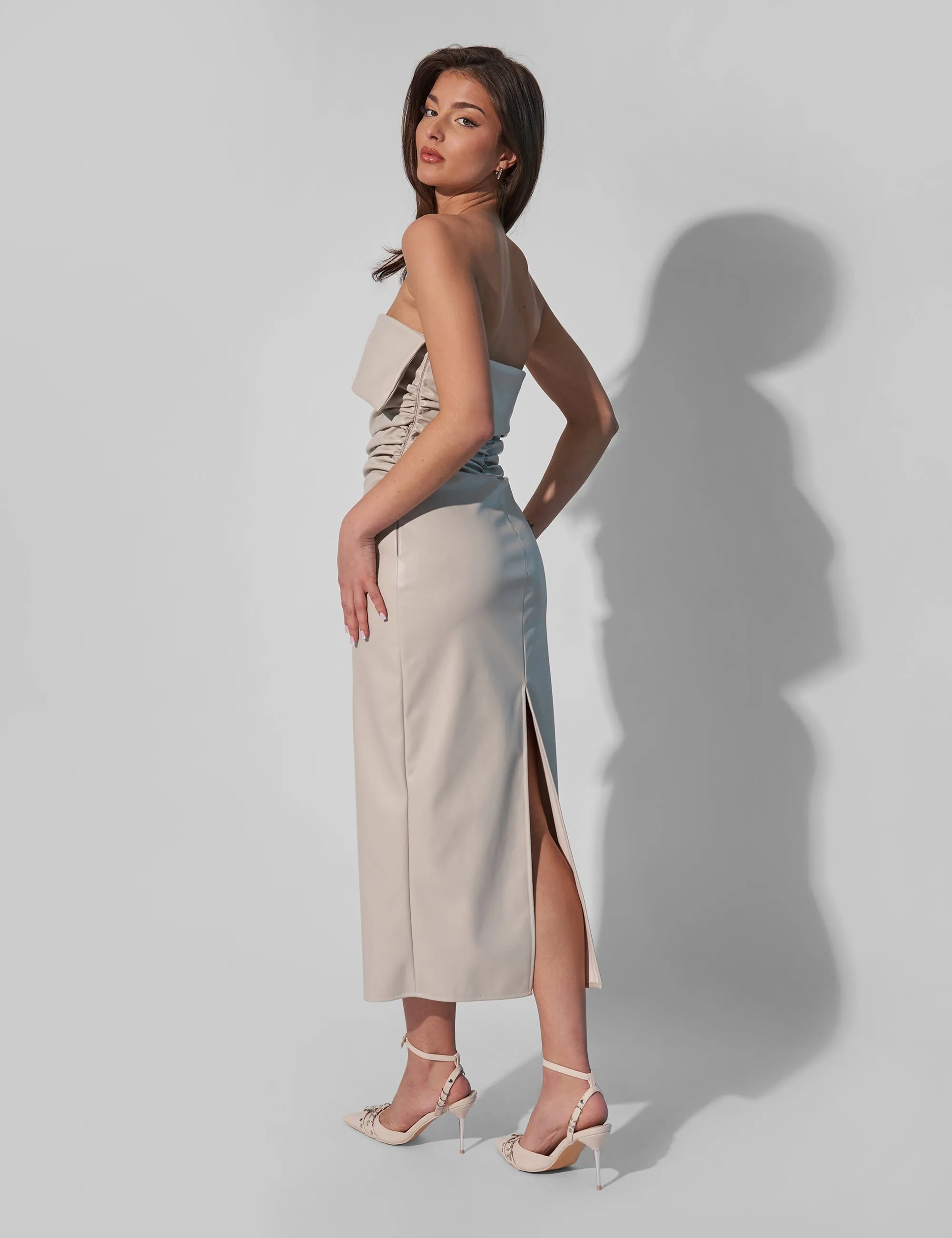 Kaiia Leather Look Ruched Bandeau Midaxi Dress in Ecru sold by Public Desire product image thumbnail 3
