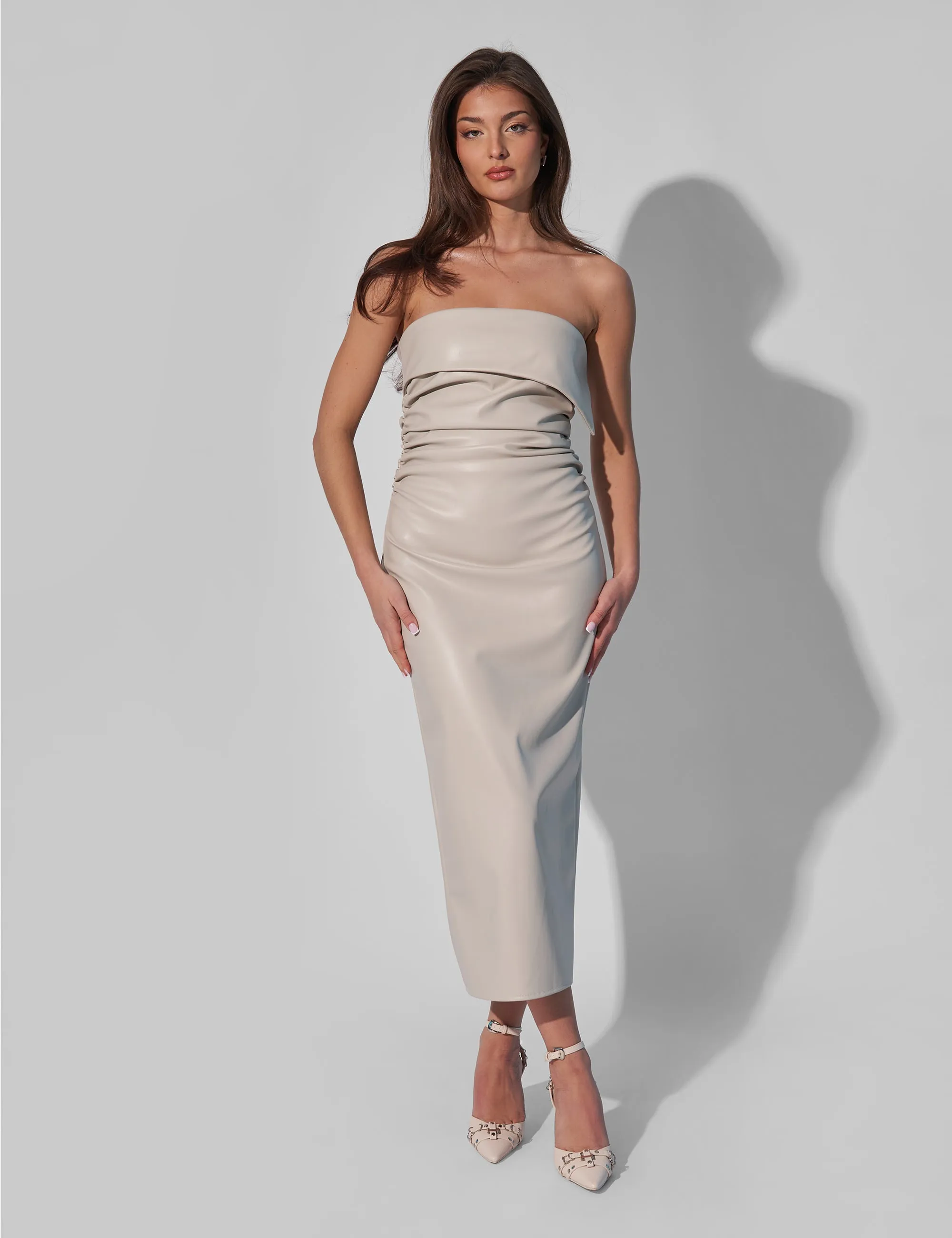 Kaiia Leather Look Ruched Bandeau Midaxi Dress in Ecru sold by Public Desire