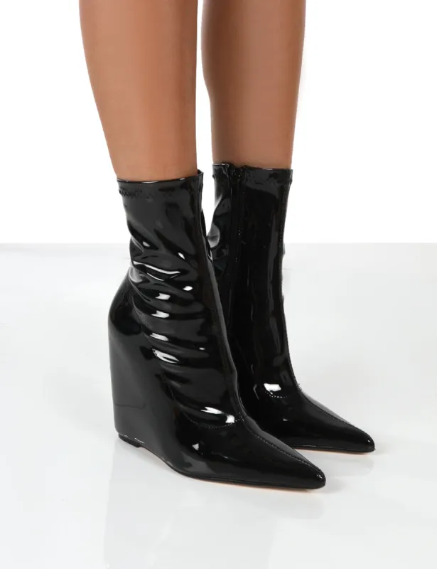 Getaway Black Patent Wedge Ankle Boots made by Public Desire