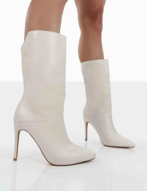 Lisel Ecru PU Pointed Toe Stiletto Heeled Ankle Boots sold by Public Desire