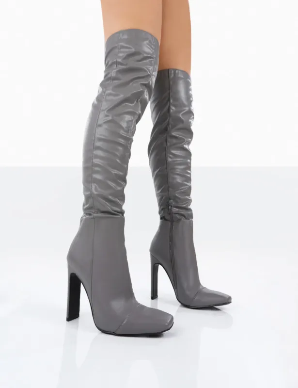 Kenza X Public Desire Pyrite Grey Patent over the Knee Heeled Boots sold by Public Desire