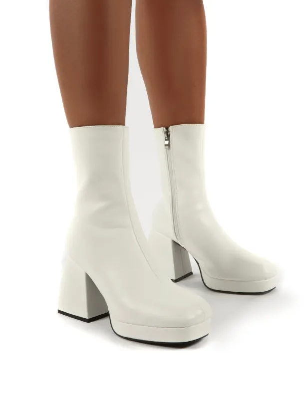 Addilyn White Chunky Heel Ankle Boots sold by Public Desire