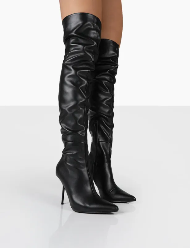 Tianna Black PU Pointed Toe Over The Knee Stiletto Boots sold by Public Desire