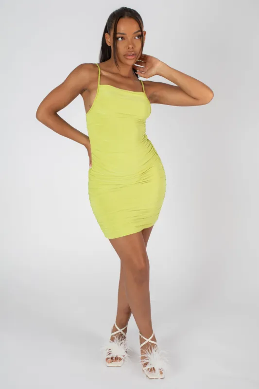 Square Neck Ruched Mini Dress Lime sold by Public Desire