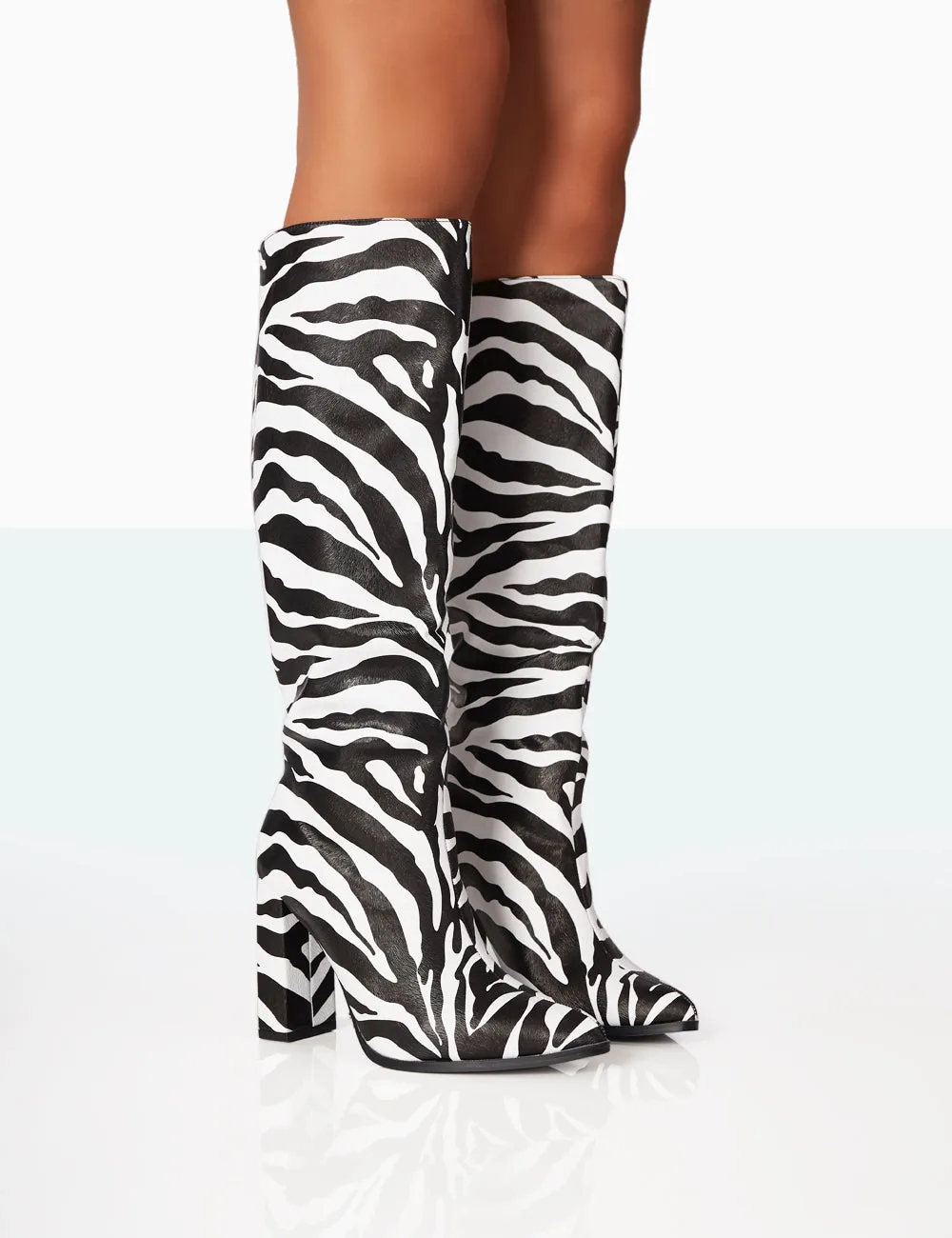 Posie Zebra PU Knee high Block Heel Boots sold by Public Desire