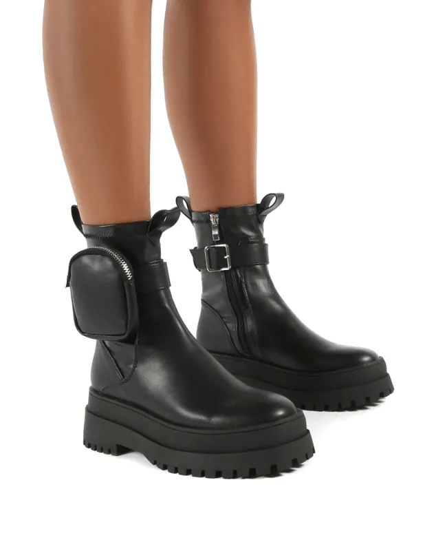 Thought Black Pu Pocket Chunky Sole Ankle Boot sold by Public Desire