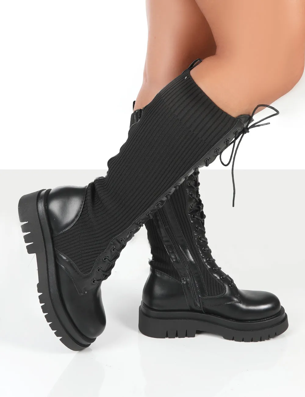 Joslyn Black Knee High Chunky Lace Up Boots sold by Public Desire product image thumbnail 4