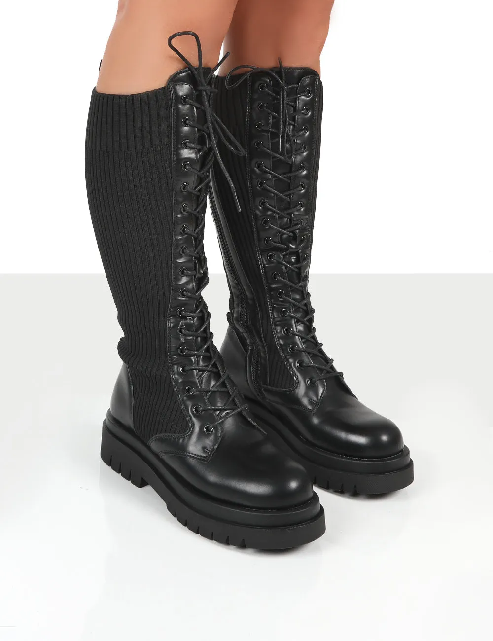 Joslyn Black Knee High Chunky Lace Up Boots sold by Public Desire