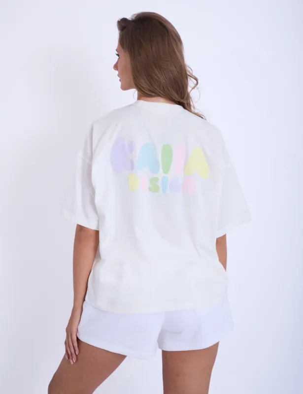 Kaiia Bubble Logo Oversized Tee Off White & Rainbow sold by Public Desire