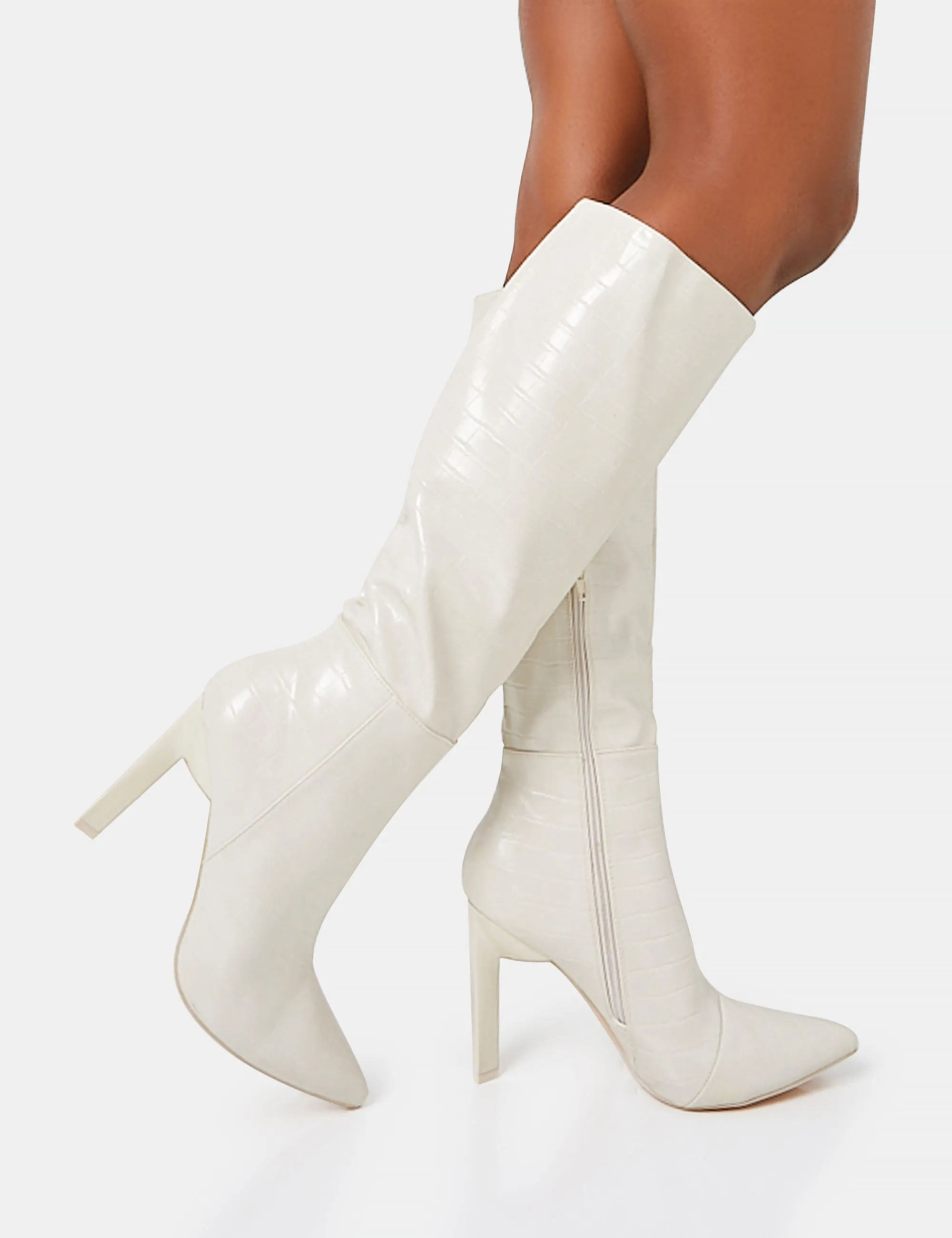 Unite Ecru Croc Pointed Toe Knee High Block Heeled Boots sold by Public Desire product image thumbnail 2