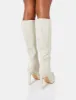 Unite Ecru Croc Pointed Toe  Knee High Block Heeled Boots sold by Public Desire