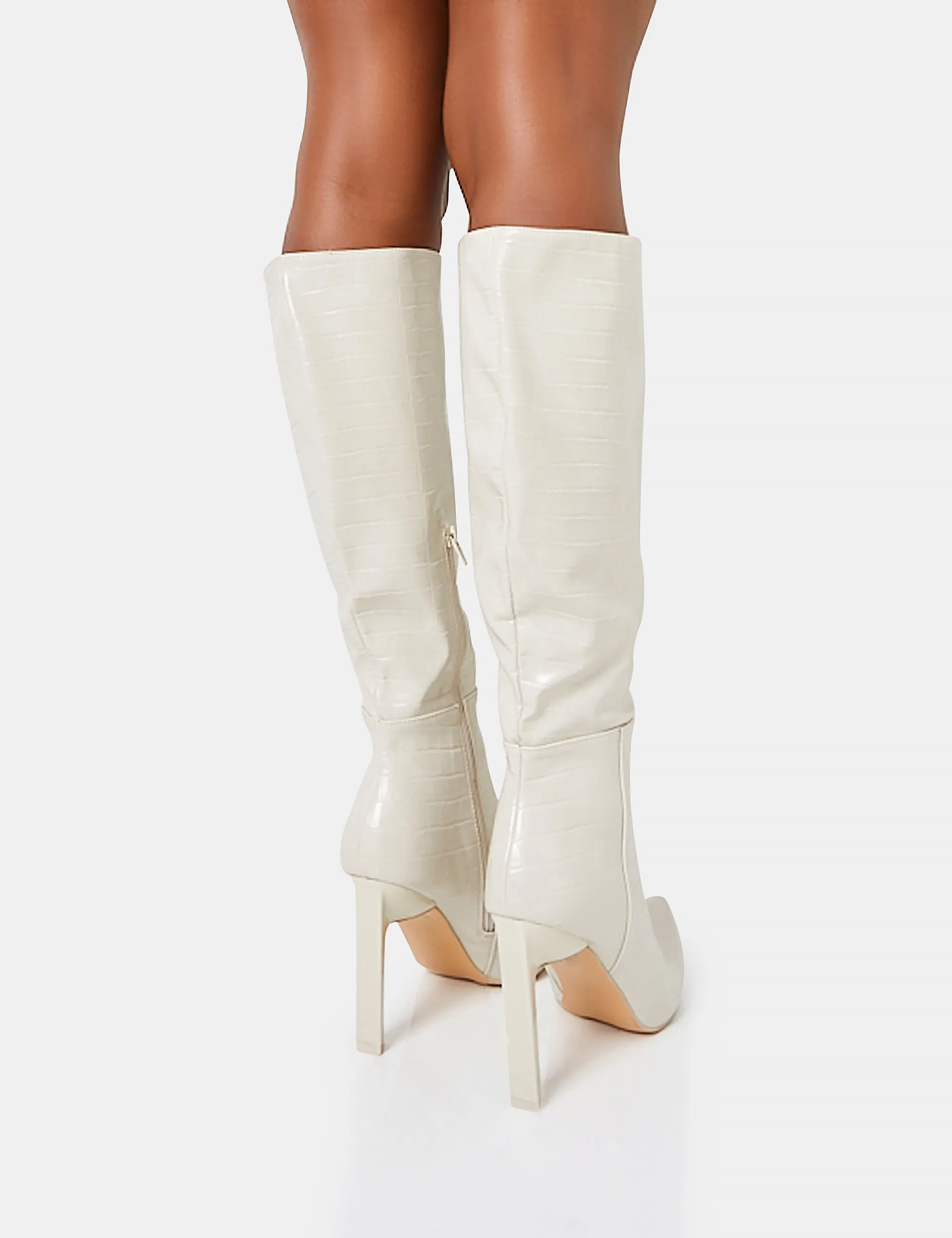 Unite Ecru Croc Pointed Toe Knee High Block Heeled Boots sold by Public Desire product image thumbnail 4