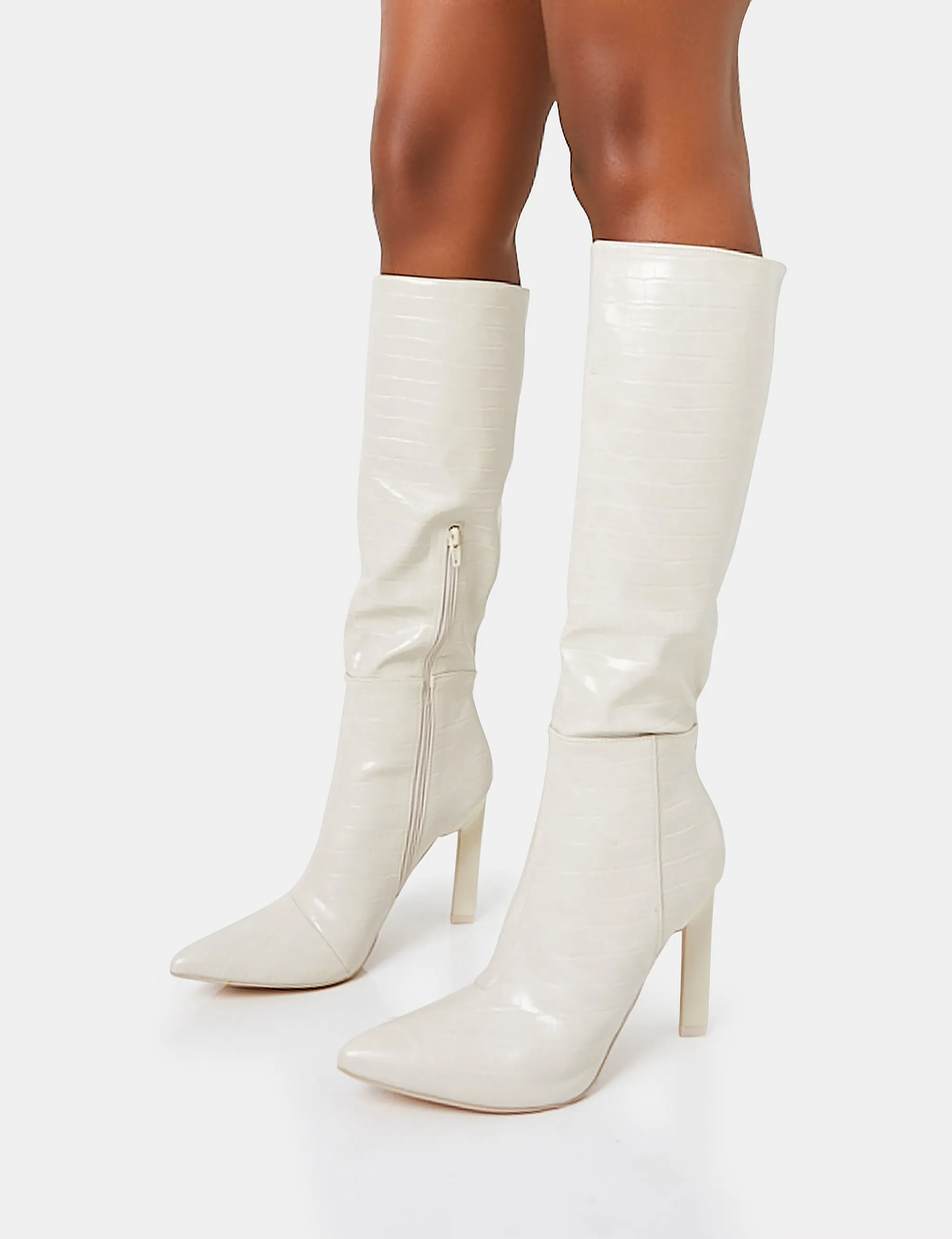 Unite Ecru Croc Pointed Toe Knee High Block Heeled Boots sold by Public Desire product image thumbnail 3