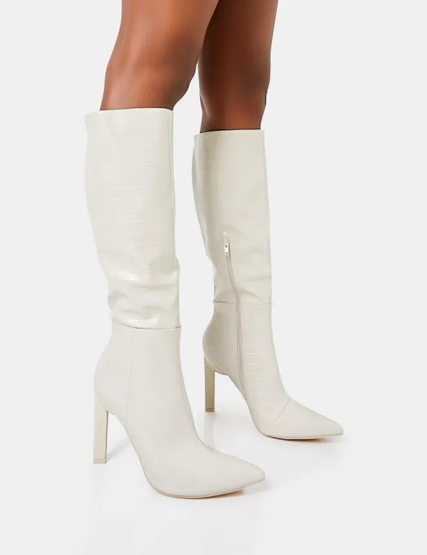 Unite Ecru Croc Pointed Toe  Knee High Block Heeled Boots sold by Public Desire