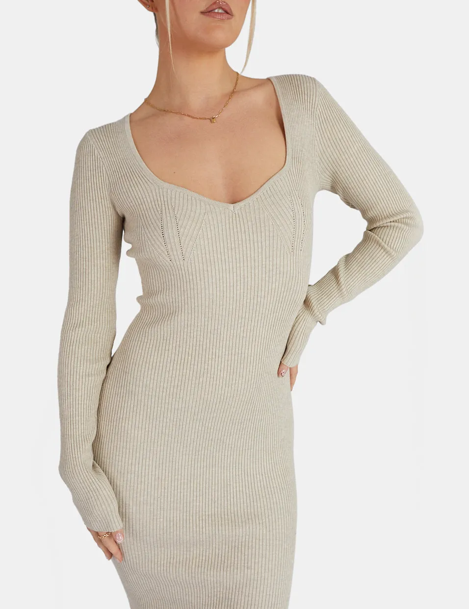 Knitted Off Shoulder Midi Dress Oatmeal Marl sold by Public Desire product image thumbnail 4