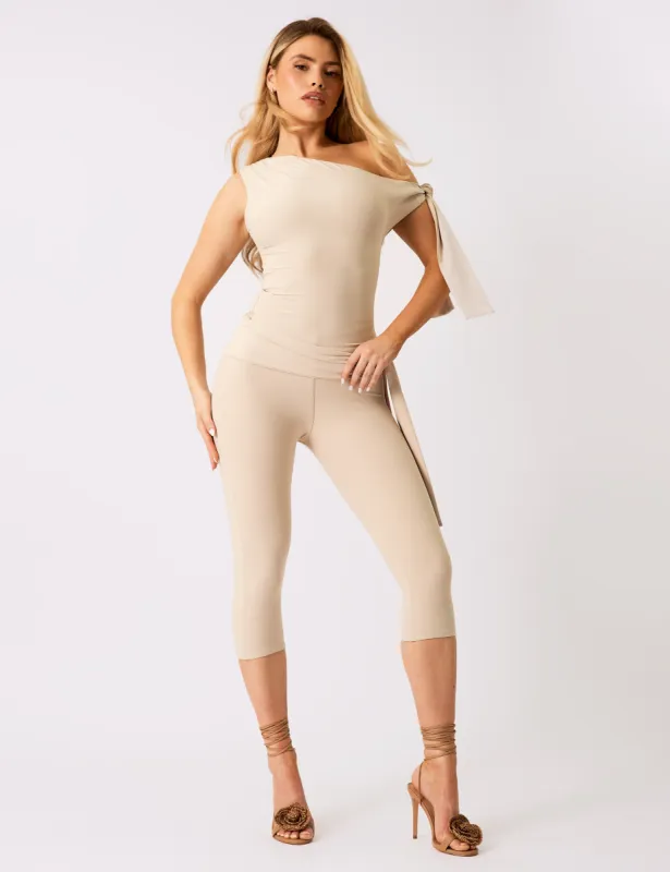 Knot Detail Tie Side Luxe Slinky Capri Pants Stone made by Public Desire