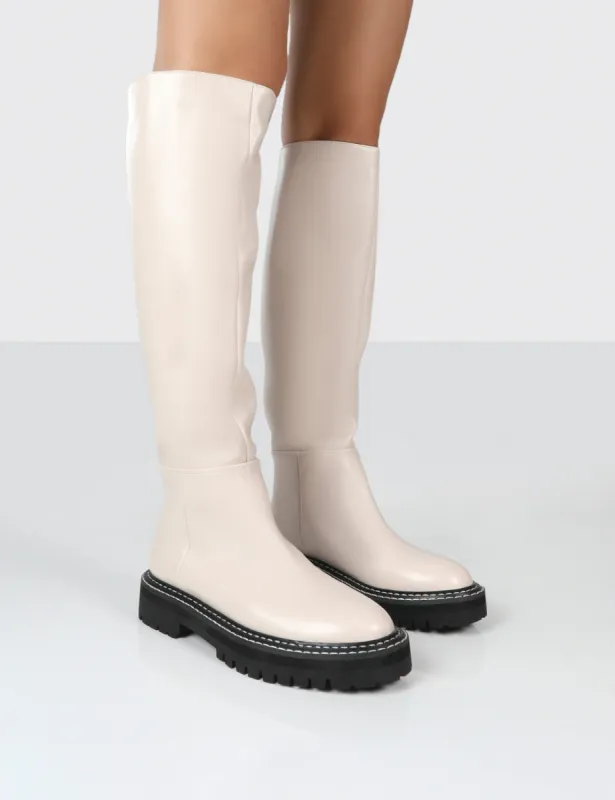 Dana Bone Pu Chunky Sole Knee High Boots sold by Public Desire