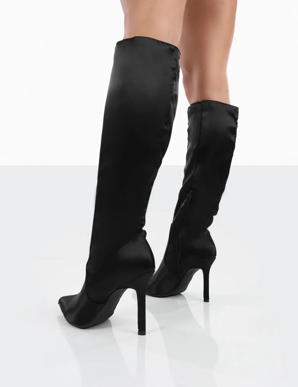 Best Believe Black Satin Pointed Toe Stiletto Heeled Knee High Boots sold by Public Desire product image thumbnail 2
