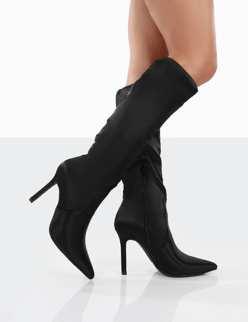 Best Believe Black Satin Pointed Toe Stiletto Heeled Knee High Boots sold by Public Desire product image thumbnail 4