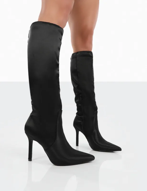 Best Believe Black Satin Pointed Toe Stiletto Heeled Knee High Boots sold by Public Desire