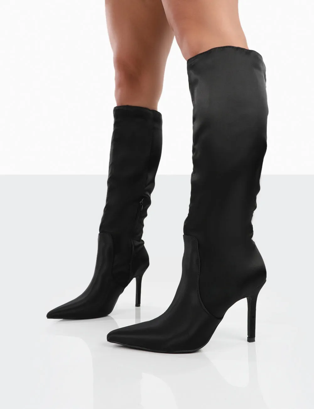 Best Believe Black Satin Pointed Toe Stiletto Heeled Knee High Boots sold by Public Desire product image thumbnail 3