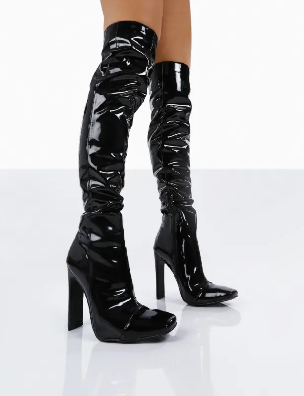 Kenza X Public Desire Pyrite Black Patent over the Knee Heeled Boots sold by Public Desire