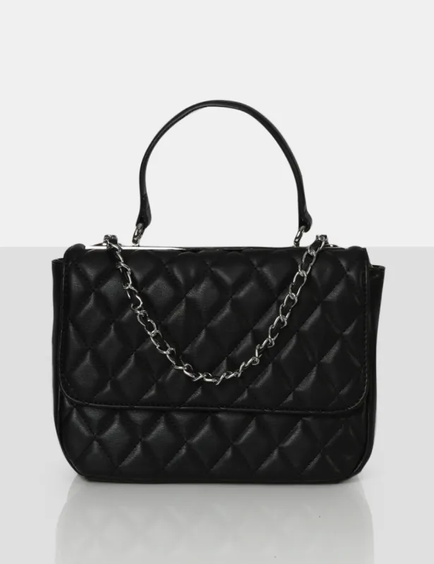 The Vienna Black Quilted Silver Detailing Crossbody Shoulder Handbag sold by Public Desire