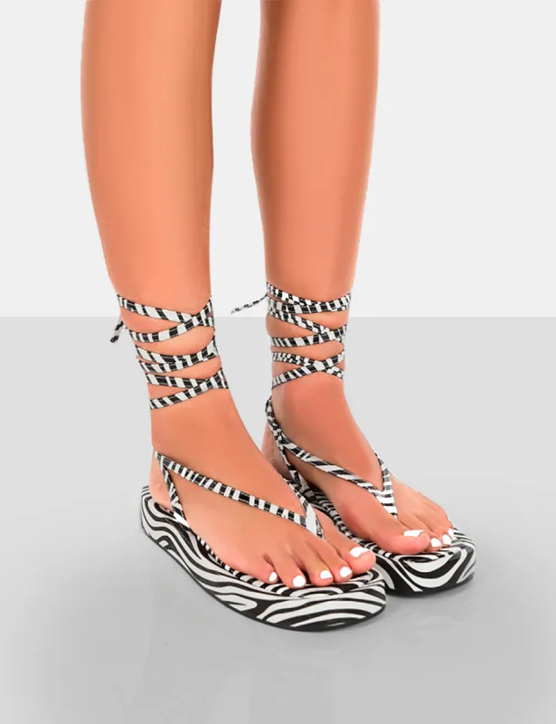Beach Babe Zebra Lace Up Toe Thong Flatform Sandals sold by Public Desire