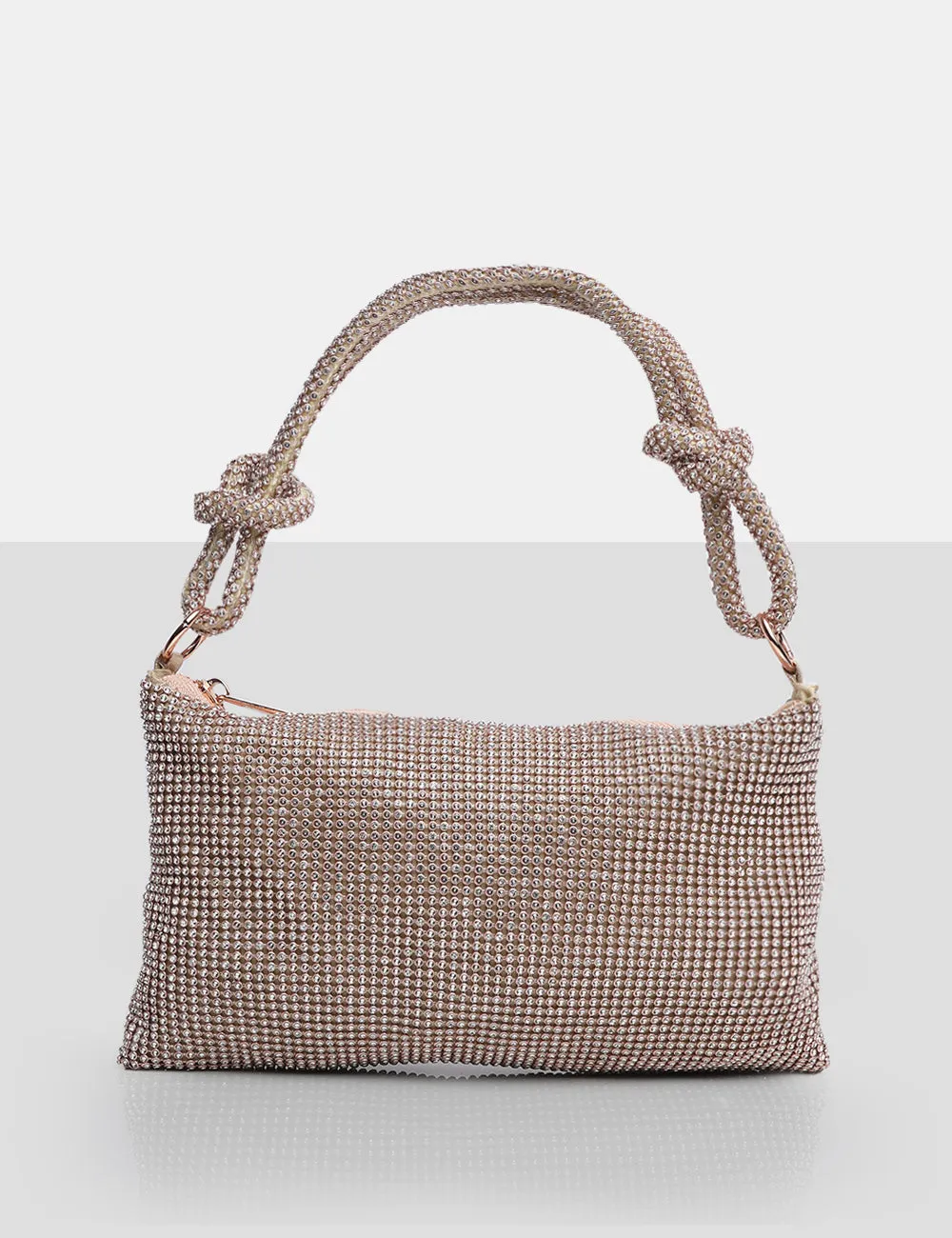 The Ingrid Blush Nude Diamante Zip Up Knot Detail Mini Shoulder Bag sold by Public Desire