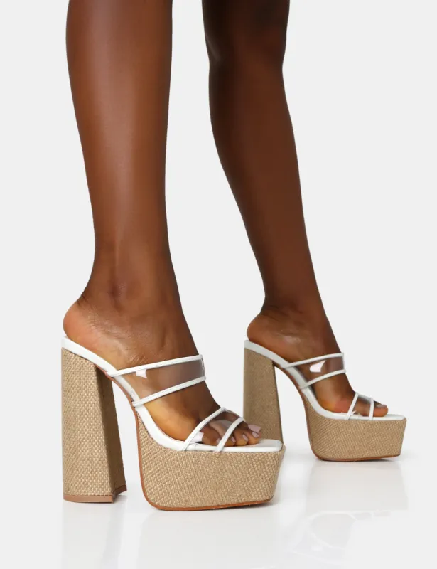 Carley White Perspex Mule Square Toe Platform Raffia Block Heels sold by Public Desire