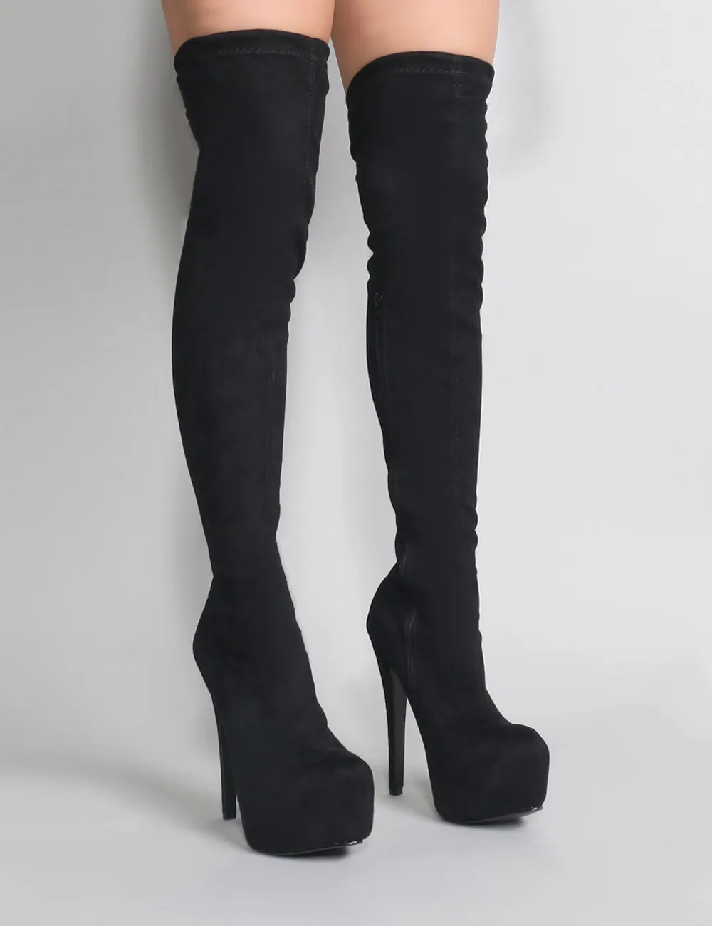 Kellie Platform Over The Knee Boots in Black Faux Suede sold by Public Desire