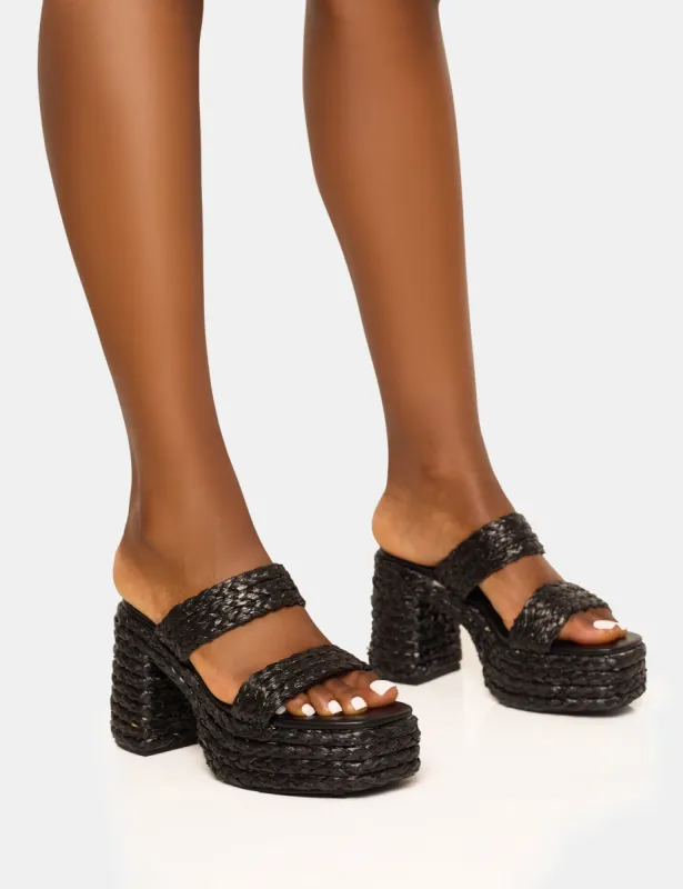 Cassidy Black Double Strap Jute Platform Block Heel made by Public Desire
