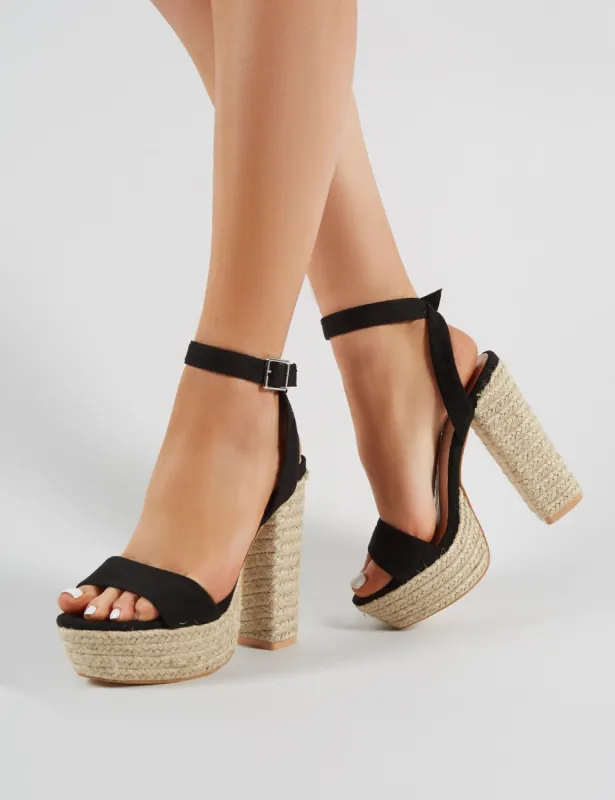 Hanalei Espadrille Block Heels in Black Faux Suede sold by Public Desire