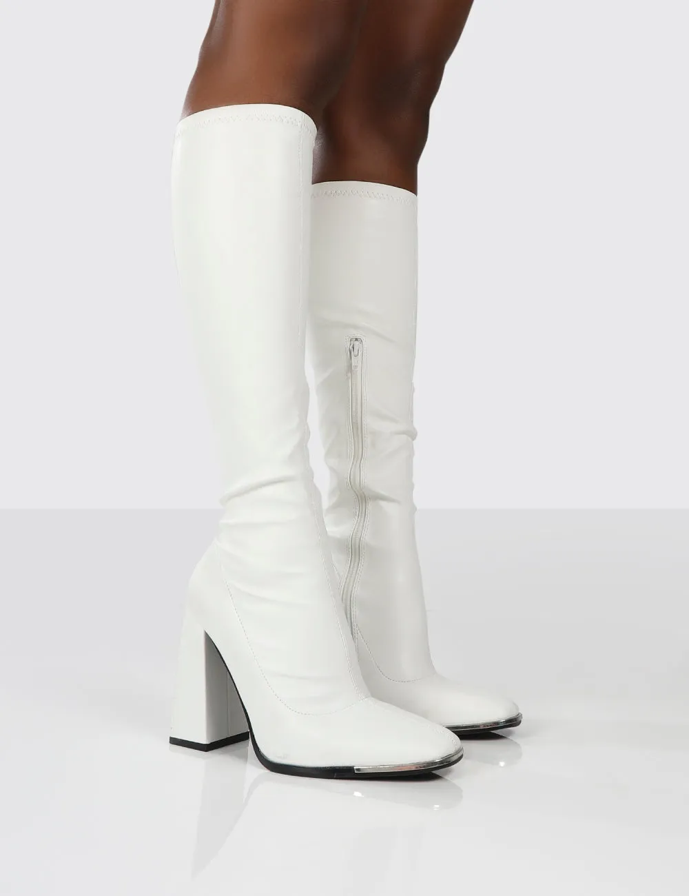 Caryn White PU Block Heeled Knee High Boots sold by Public Desire