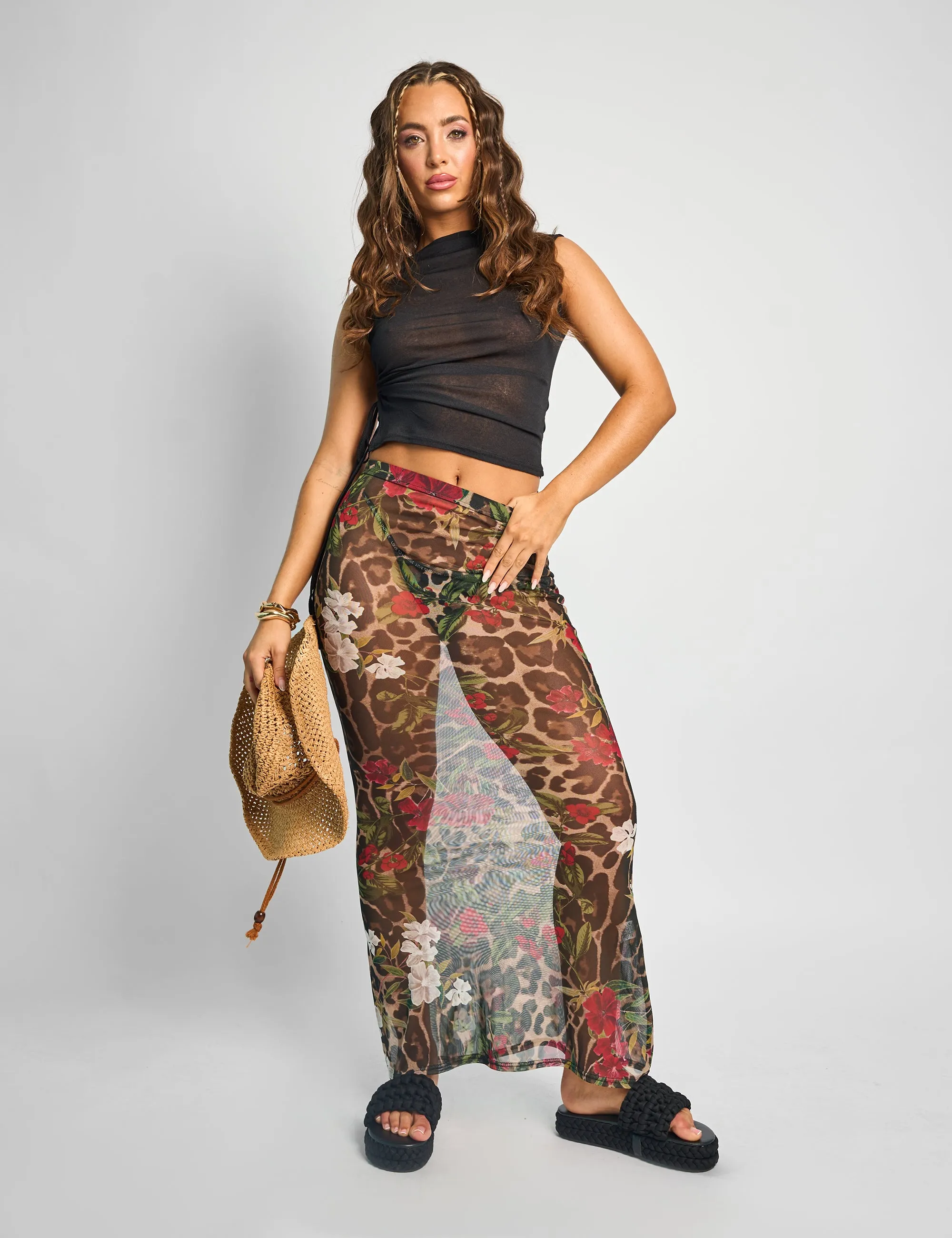 Printed Mesh Maxi Skirt Multi sold by Public Desire