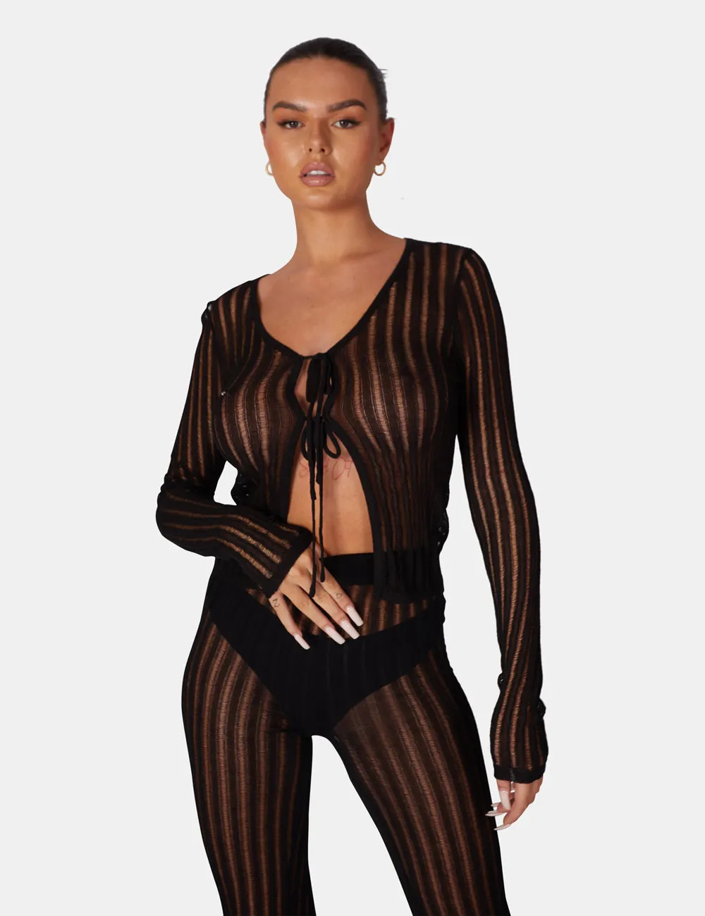 Tie Front Ladder Stitch Long Sleeve Knitted Cardigan sold by Public Desire product image thumbnail 2